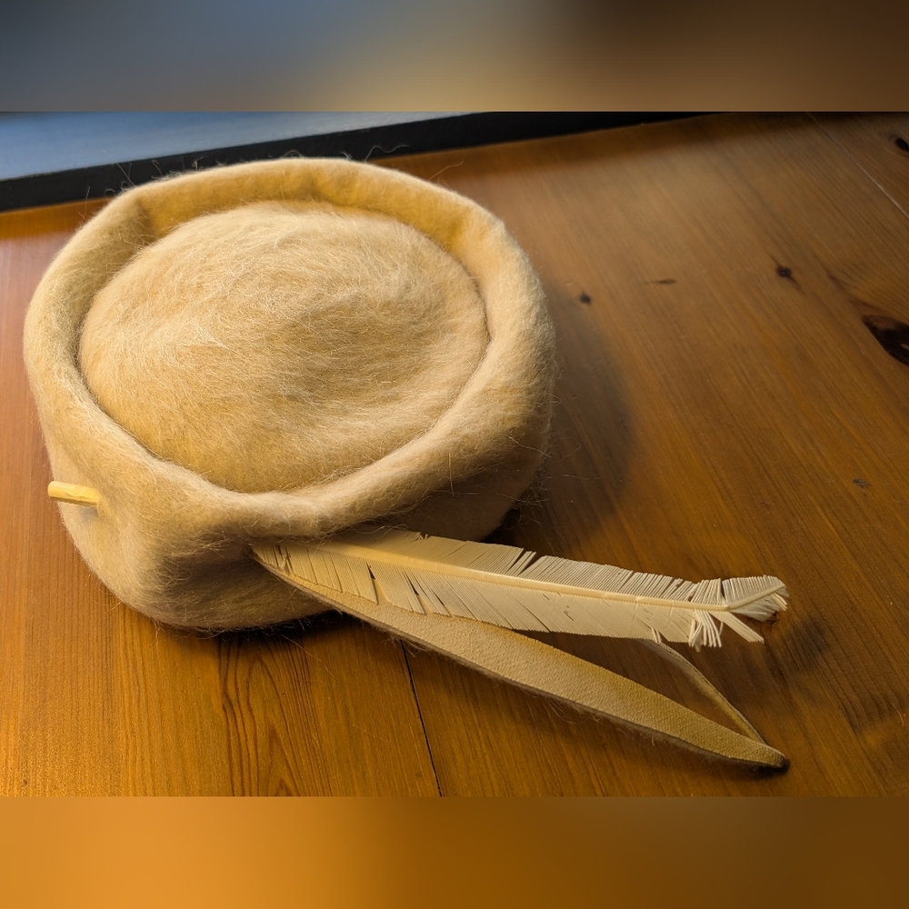 Beige Wool Hat with Feather Accent
